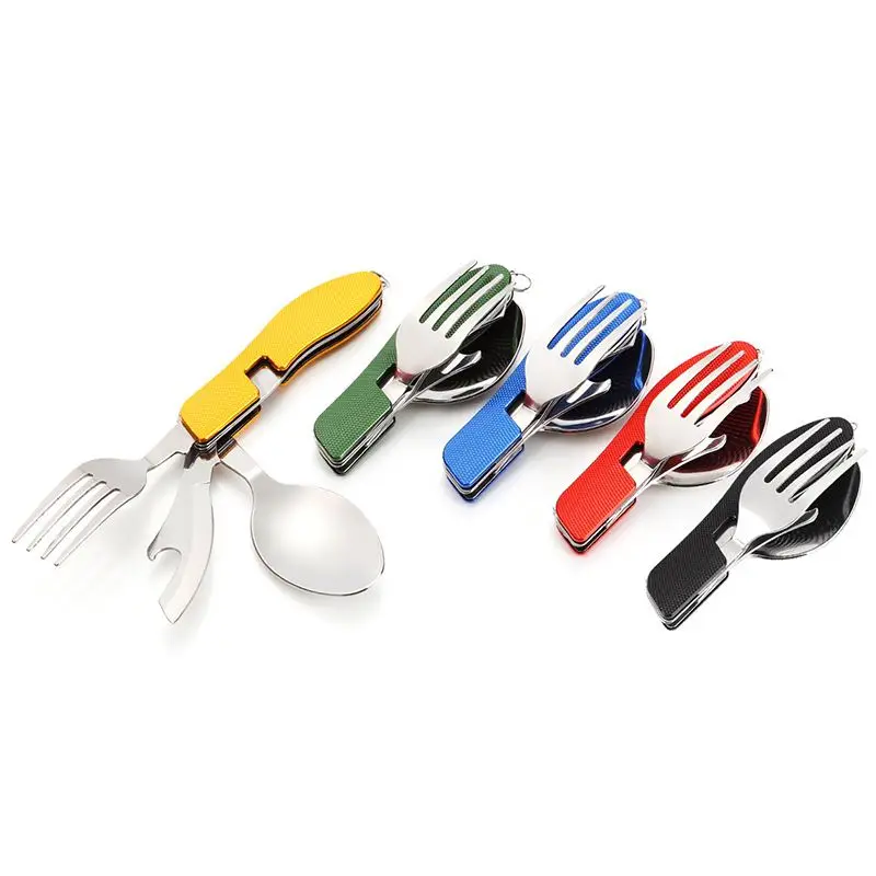 Outdoor Tableware,Camping Stainless Steel Folding Pocket Kits for Hiking Picnic Travel,Fork Spoon Knife Bottle Opener 4 In 1 