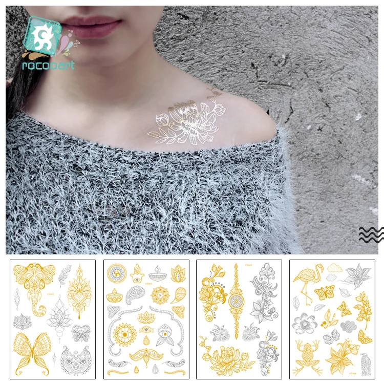 

2018 Latest Rocooart Beauty Metallic Gold Silver Flash Tattoo New Henna Temporary Tattoos With Butterfly Mandala Flower Design