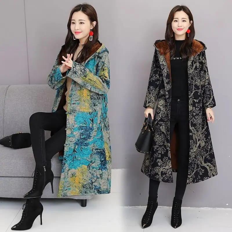 

new autumn/winter women's coat national style print outerwear women's parkas fleece inside winter light clothing 5194