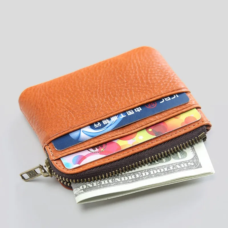 Мужской кошелек из натуральной кожи, короткий маленький мини-кошелек на молнии, передний Карманный с отделениями для карт, винтажный Чехол - Цвет: Orange