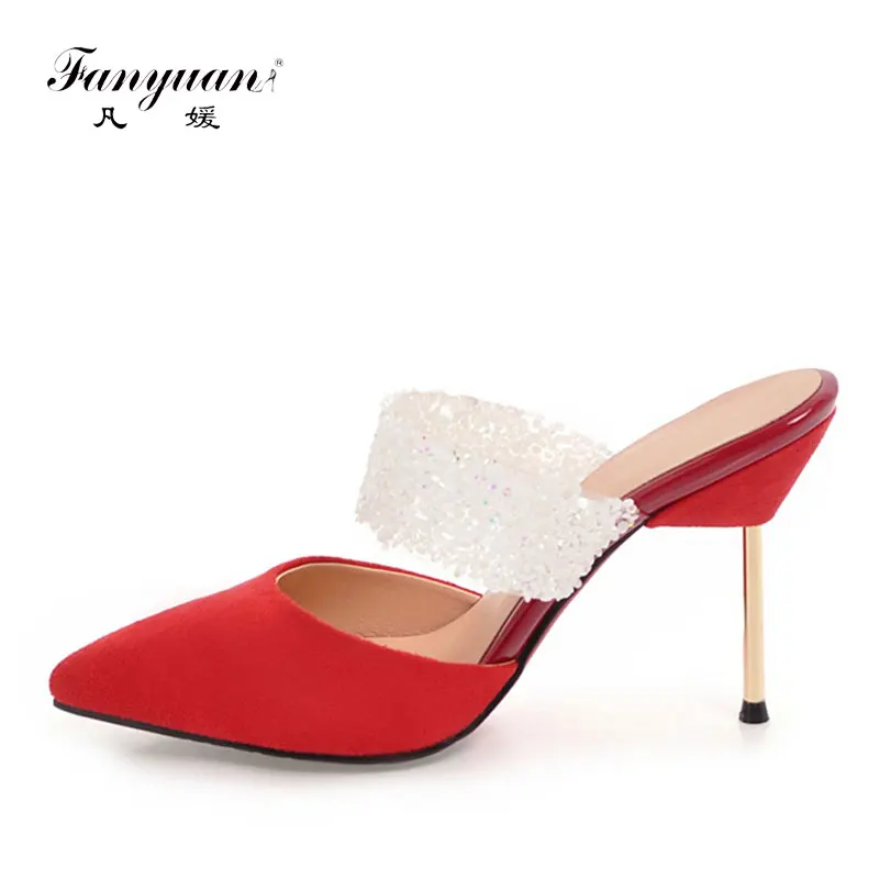 

Fanyuan 2019 Cow Suede Plus Size 32-43 Slip On Women Pumps Woman Pointed Toe Casual Thin High Heels Mules Pumps