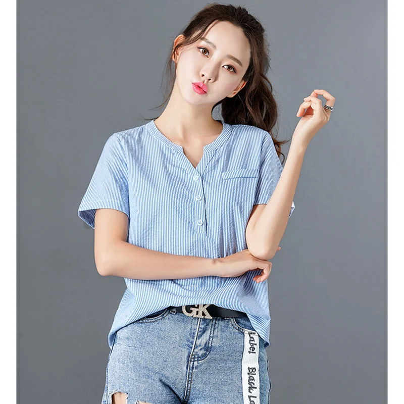 

blusas mujer de moda 2018 Women Tops Summer Style Striped Button Cotton Shirts Woman Vintage Short Sleeve Blouse V-Neck blouses