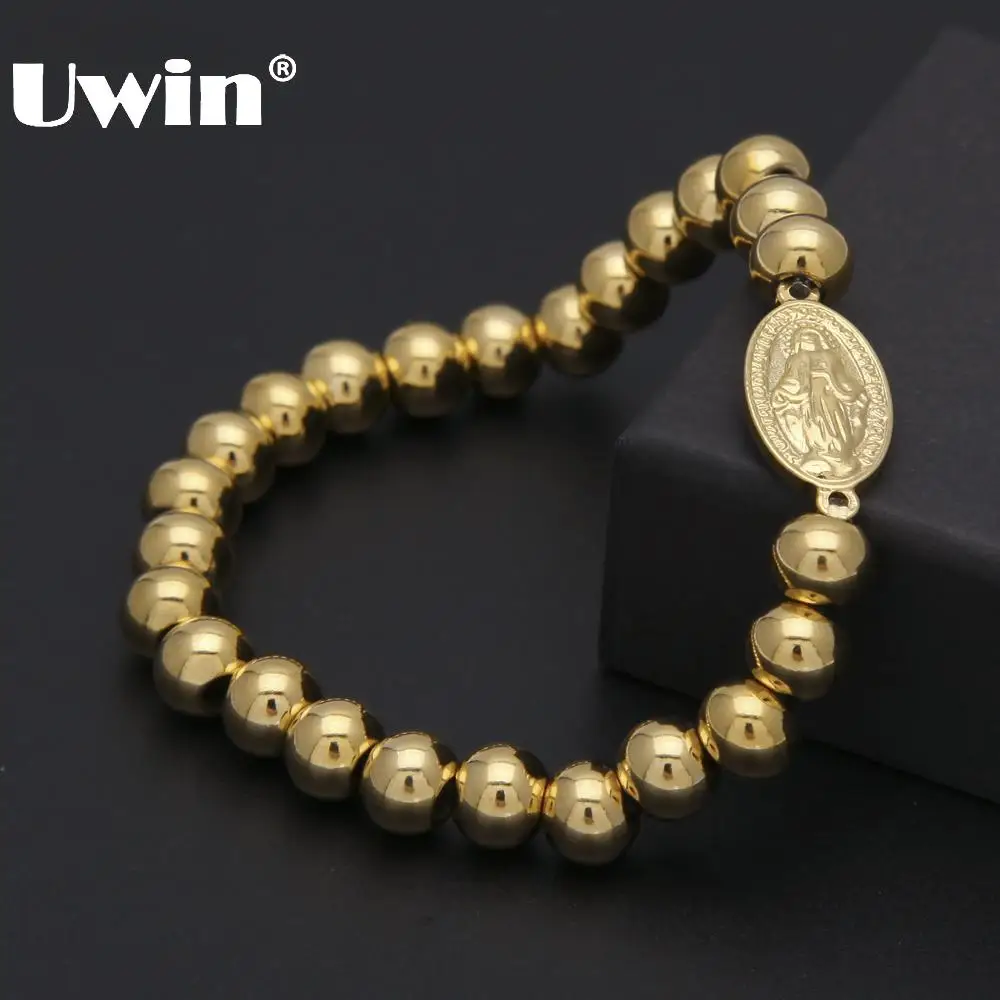 

Uwin Stainless Steel Virgin Mary Rosary Bracelet Gold Mother of Jesus Christ Beaded Bracelets For Men Classic Elasticity Jewelry