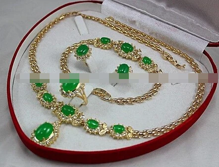 

1704 Natural Green Jade Inlay Link Bracelet earrings Ring Necklace Set + Gift Box