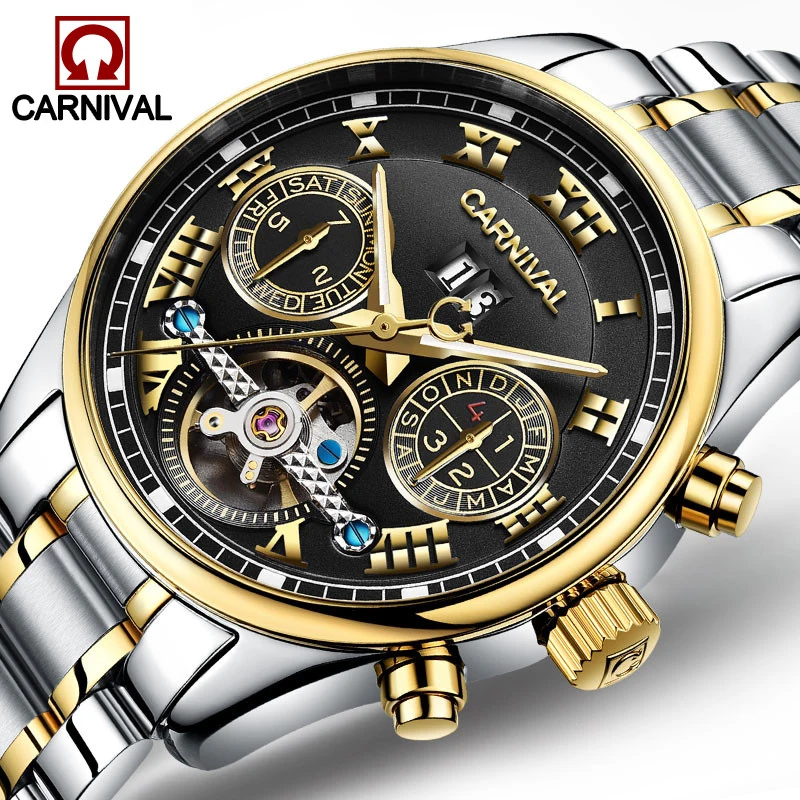 

Luxury Carnival Watch Men Automatic Mechanical watches Black Gold Male Clocks Shockproof sapplire Waterproof Relogio Masculino