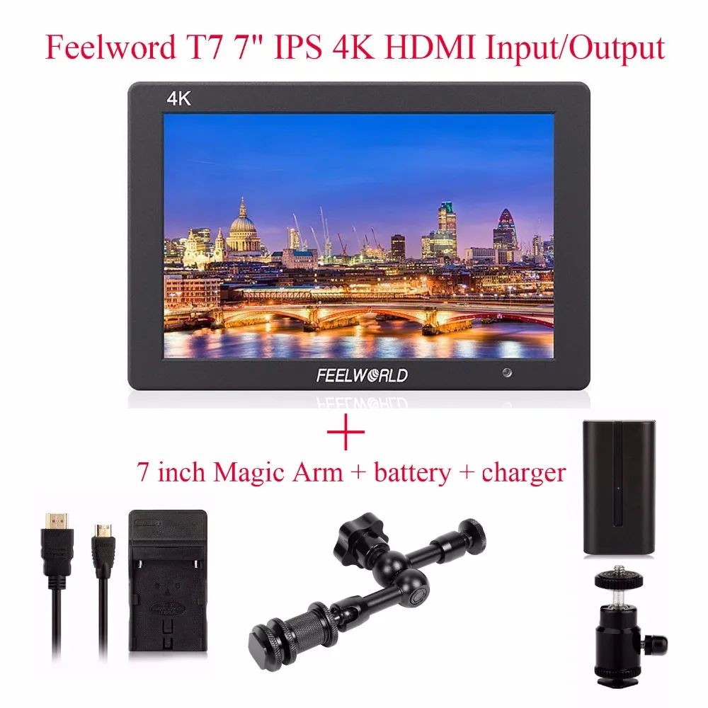 Feelworld T7 4K HDMI вход/выход на камеру монитор Full HD " ips экран дисплей монитор+ 7 дюймов Magic Arm+ батарея+ зарядное устройство