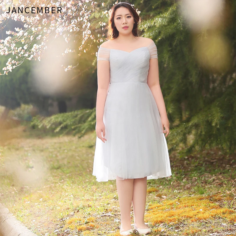 

JANCEMBER Plus Size Cocktail Dresses Tulle Cap Sleeve Lace Up Back Sweetheart Neck A-Line Simple cocktail dress party 2019 New