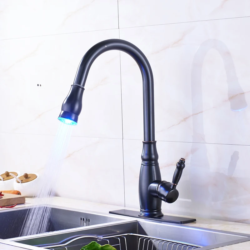 Oil Rubbed Bronze Led Color Changing Kitchen Sink Faucet Deck Mounted High Quality Single Handle Pull Out Sprayer Mixer Taps