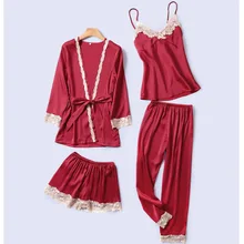 Темно-красные женские пижамные комплекты из 4 предметов топ на бретелях штаны ночной халат-пижама костюм повседневная сексуальная ночная рубашка кимоно банное платье