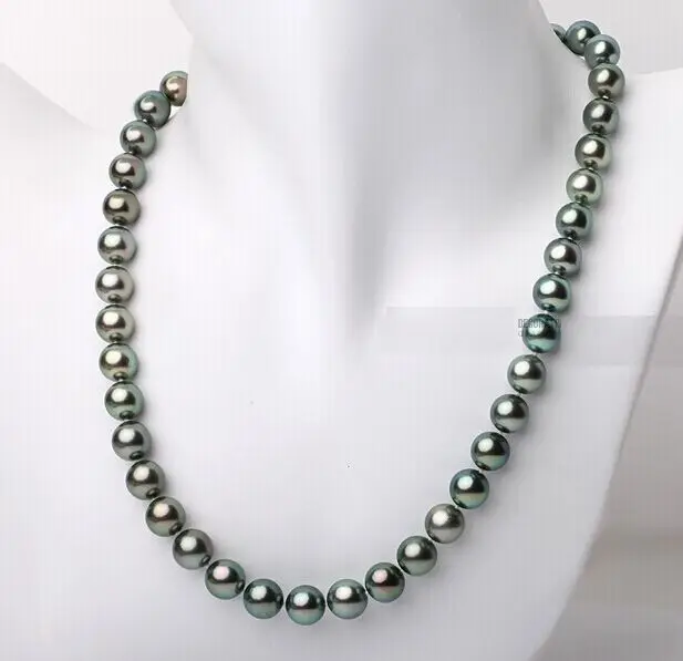

9-10mm Tahitian genuine black peacock green round pearl necklace AA+