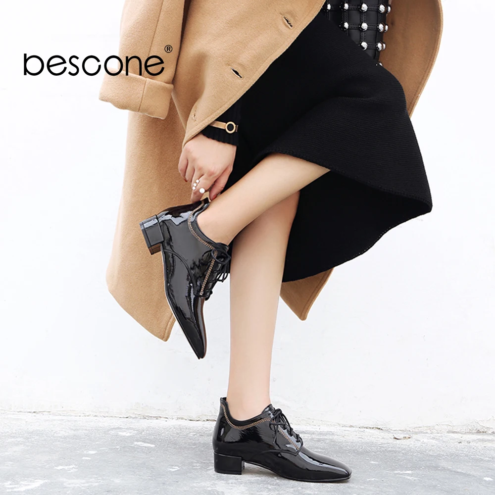 

BESCONE Patent Leather Women Pumps Lace Up High Quality Hot Sales Casual Handmade Pumps Low Heels Square Toe Spring Pumps BO52