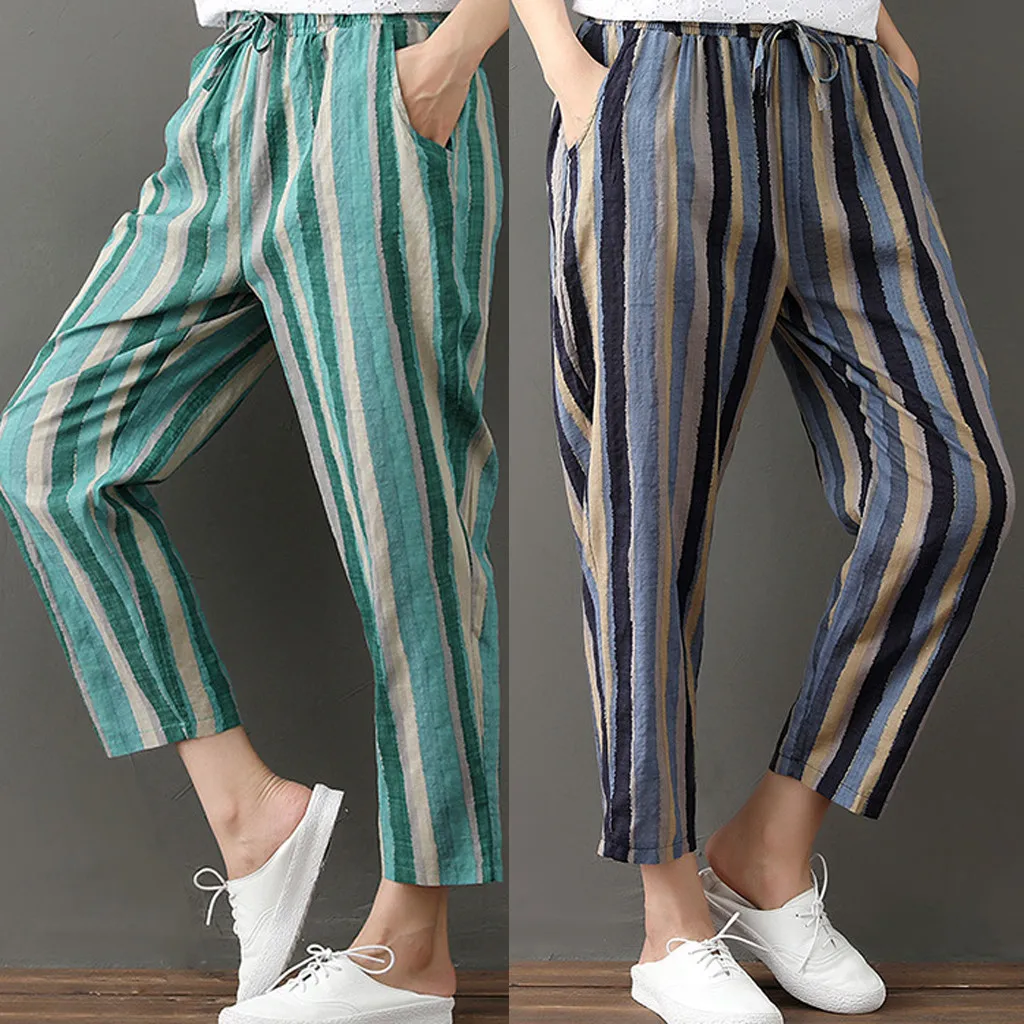 

Women Cotton Linen Harem pants Elastic Waist Stripe boho Pants with Pockets female Drawstring casual Trousers summer beachweart