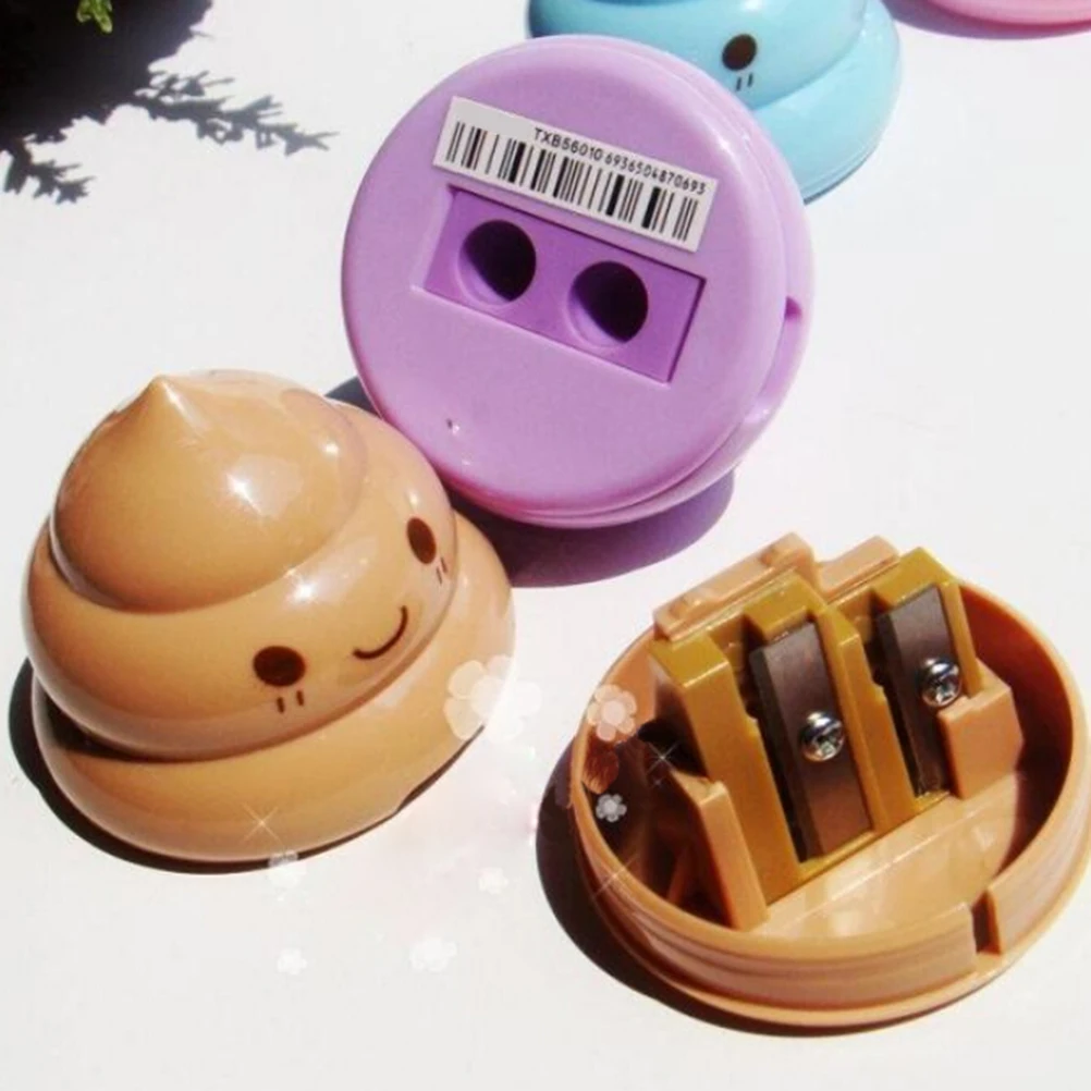 

Novel Design Funny Emoji Poop Pencil Sharpener Double Hole Stationery For Student Teens