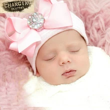 0-3 Months Cute Newborn Baby Hats Big Bow Knot Pink Diamond Stripe Toddler Knit Caps Warm Infant Hat