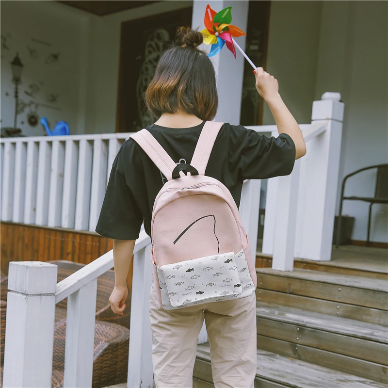 Menghuo 2 Pcsset Women Backpacks Cute Fish School Bag for Teenage Girls Printing Canvas Backpack Ladies Shoulder Bags Mochilas (33)