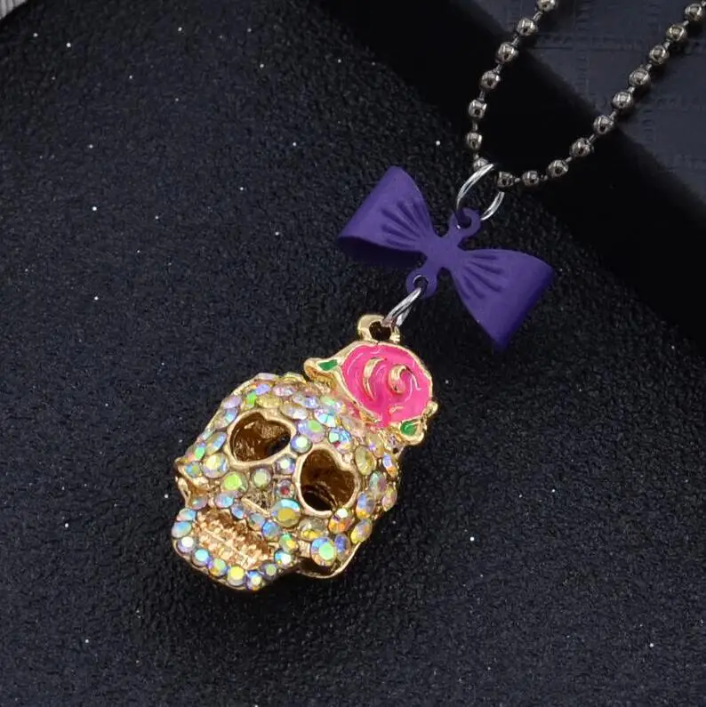 

Fashion vintage rose bowknot skull necklace punk skeleton Shantou sugar charm Pendant necklace for Women Men crystal jewelry