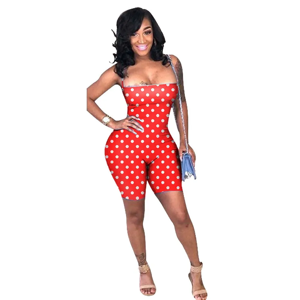 2019 Women Jumpsuit Spaghetti Strap Lace Up Dot Print Bodycon Jumpsuit