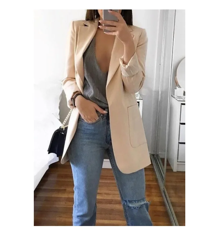 

Women Slim Fit Office Jacket Solid Black Khaki Pink Grey Blue Women Long Sleeve Casual Blazer XXL Spring Autumn Cardigan Coat