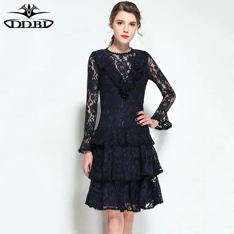 white and blue lace dress cascading layers lace dress 2018 spring ladies dresses high quality 171213