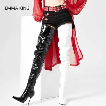 

Sexy Fetish 12cm High Heels Women Over The Knee Crotch Boots Pointed Toe Patent Leather Zipper Long Boots Lady Thigh High Boots