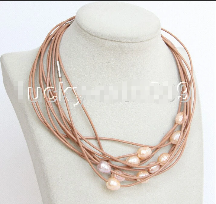 

Hot sell Noble- Free shipping@@@@@ A>Genuine 10 piece 11mm pink purple cultured pearl khaki leather necklace E9367 a