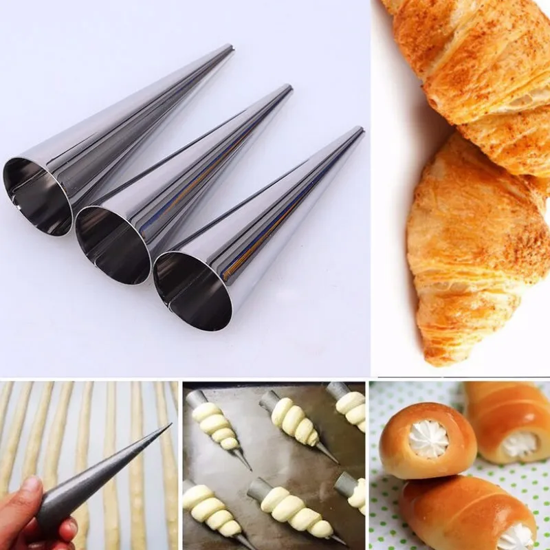 3PCS Stainless Steel Spiral Croissants Molds PastryConical Tube Cone