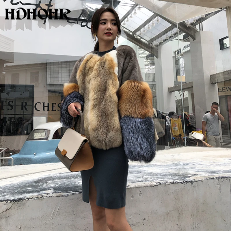 HDHOHR New Women's Real Fur Coats Natural Mink Fur Coats Fashion Warm Winter Fur Jackets Short Fox Fur Parka For Female