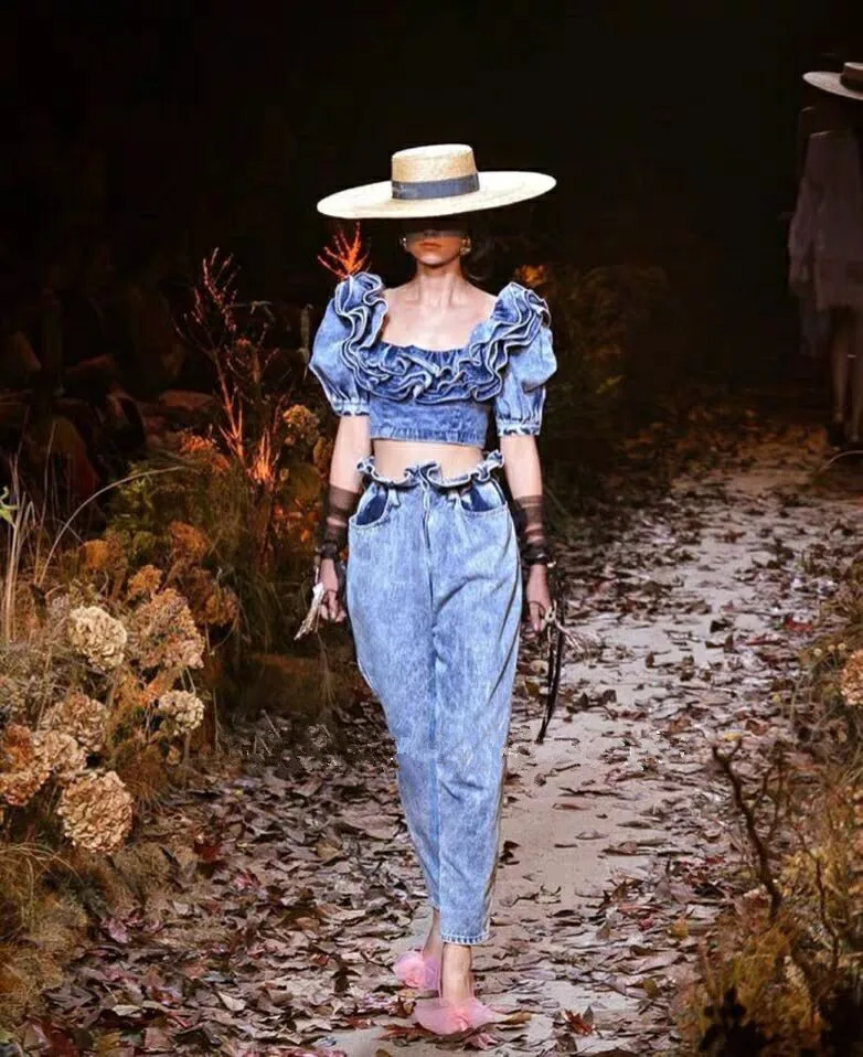 Для женщин дизайнера вдохновили рябить джинсы кроп Блуза Топ Топы платье с оборками фонари рукава короткие летние рубашки A282