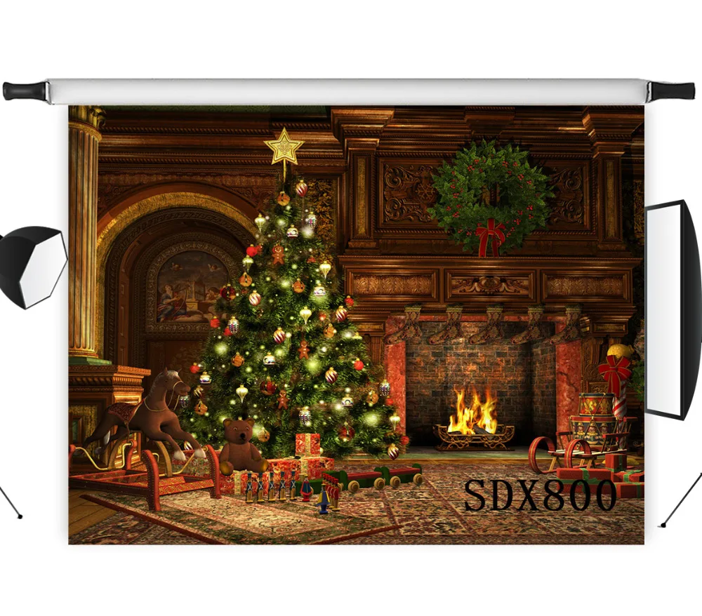 

LB Polyester & Vinyl Christmas Tree Warm Fireplace Gifts Backdrops Background For Photography Studio Backdrop Photo Props Decor