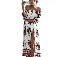 2017 Summer Women’s Print Slash Neck Off Shoulder Bohemian Beach Dress Casual Long Maxi High Waist Women Split Dresses Clothing