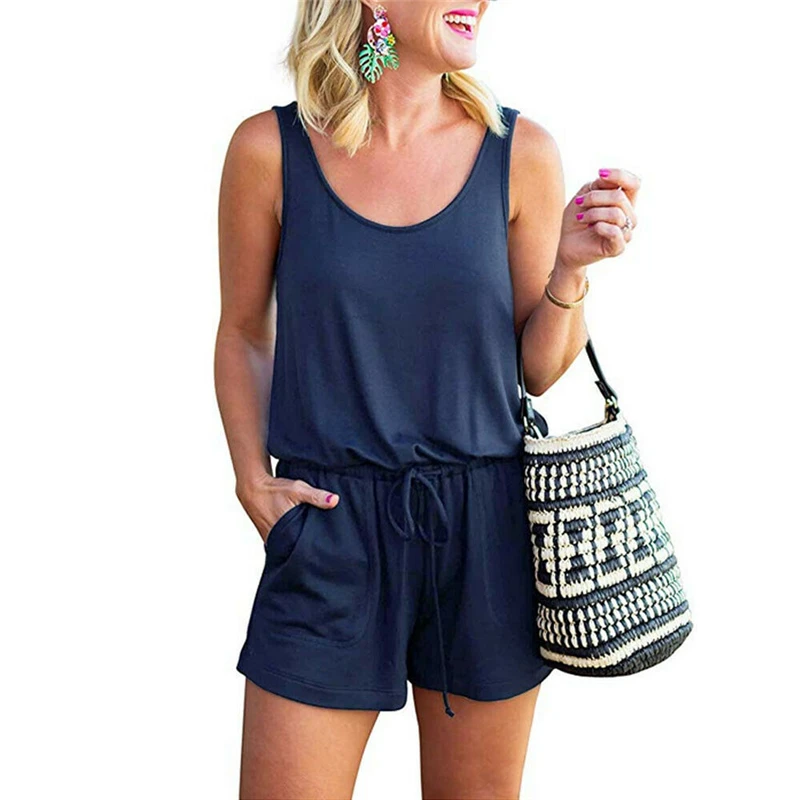 

Womens Causal Holiday Mini Playsuit Ladies Short Jumpsuit Vintage Striped Solid Rompers Summer Beach Overalls One Piece Clothes