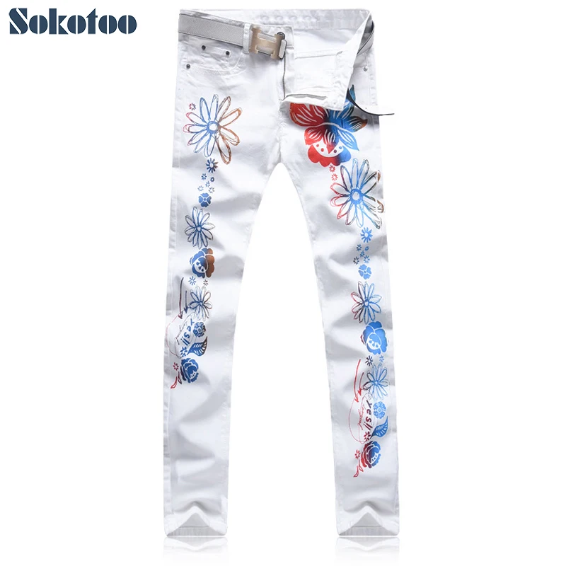Sokotoo Для мужчин модные тонкий цветной подсолнечника джинсы с принтом Повседневное Белый стрейч джинсы длинные брюки