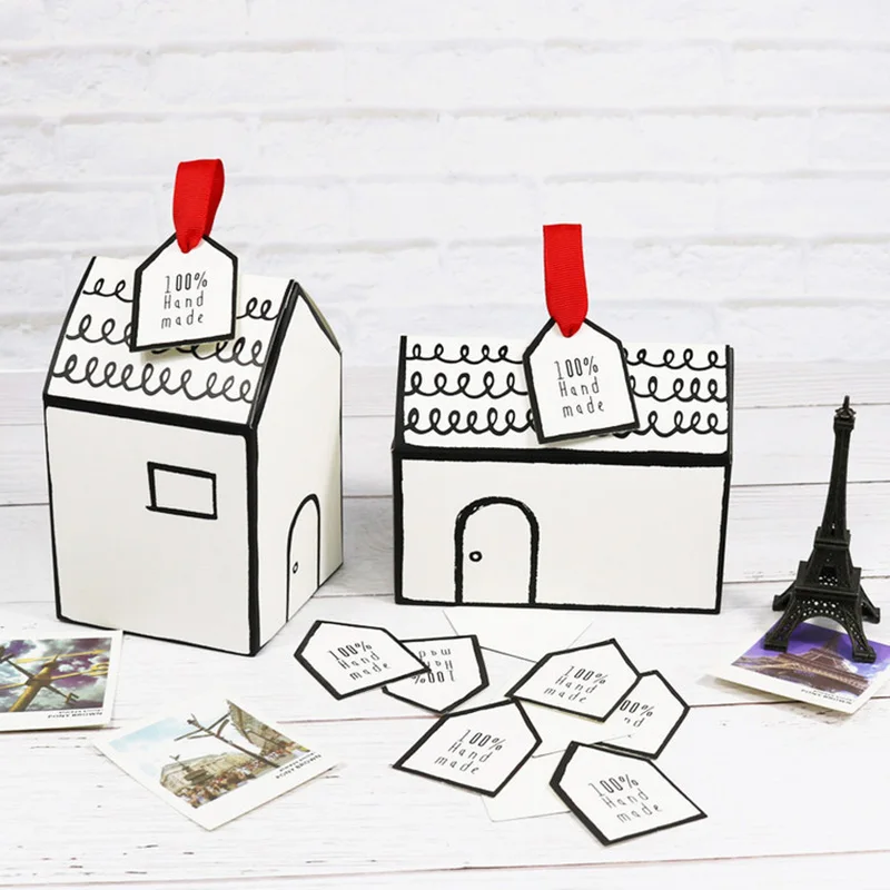 

20pcs Hand-painted Small House Paper Candy box cookies packaging box nougat baking packaging gift box with ribbon tag