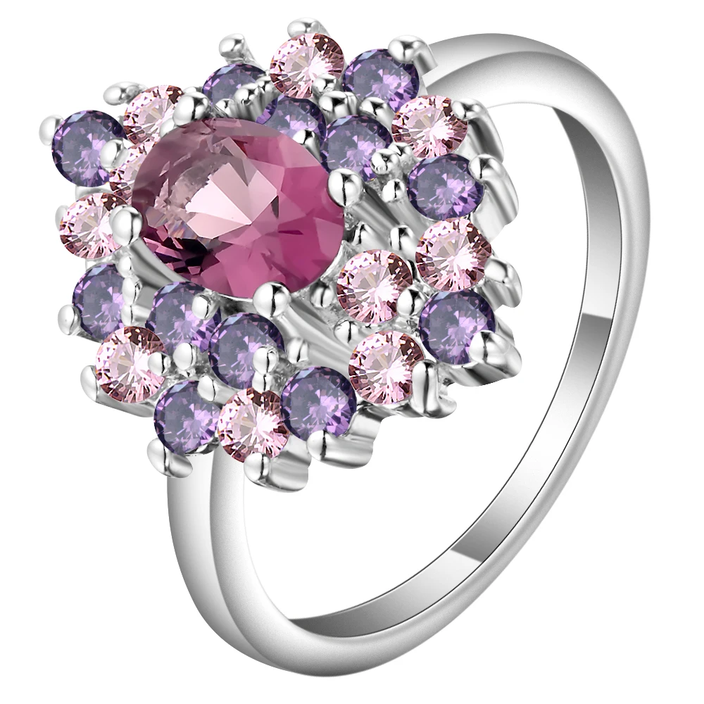 Elegant Colorful Zircon Stone Flower Rings Female White Gold Filled