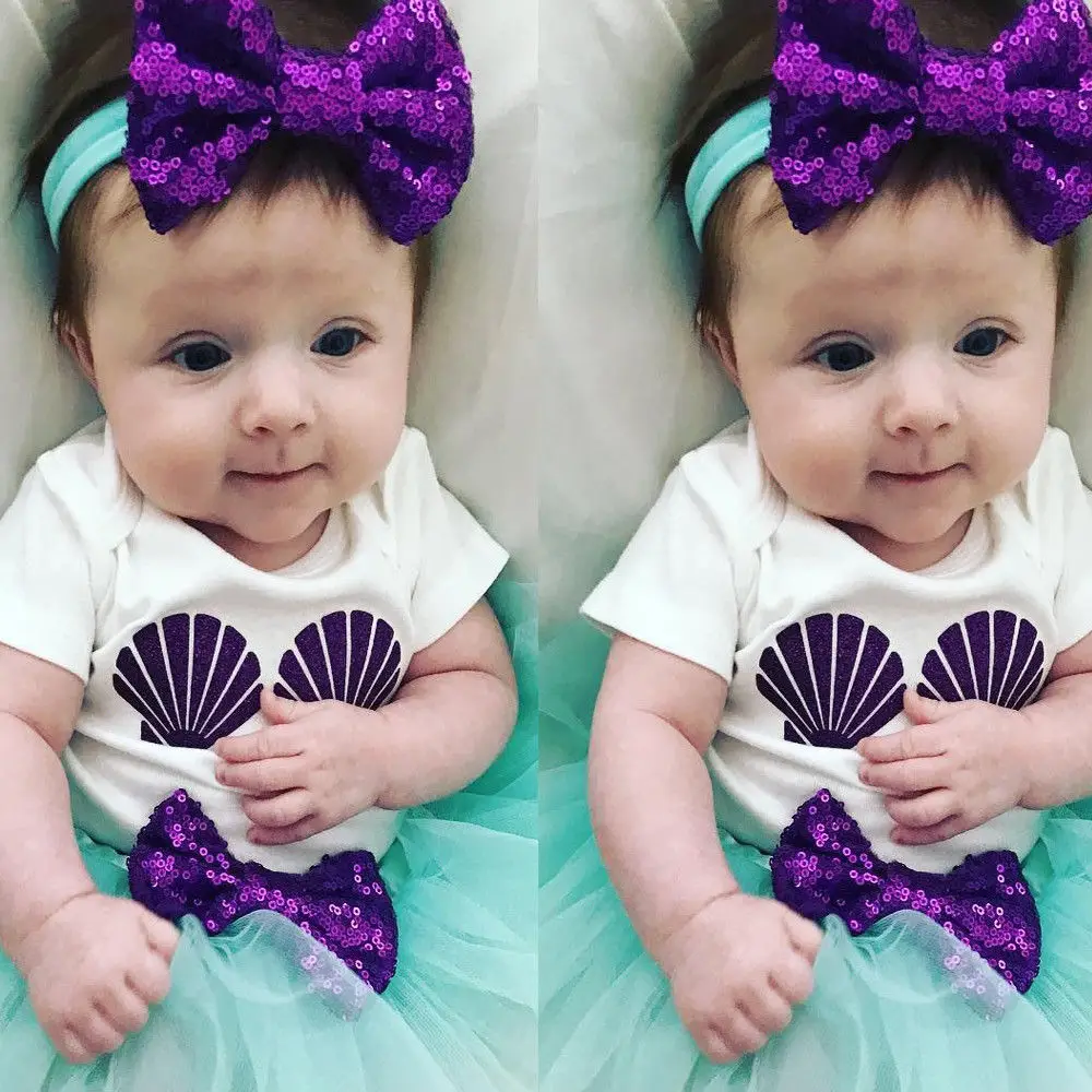 Pudcoco Newborn Baby Girls Mermaid Clothes set Cute Shell Print Romper Bodysuit+ Bow Tulle Skirts+headband 3pcs set