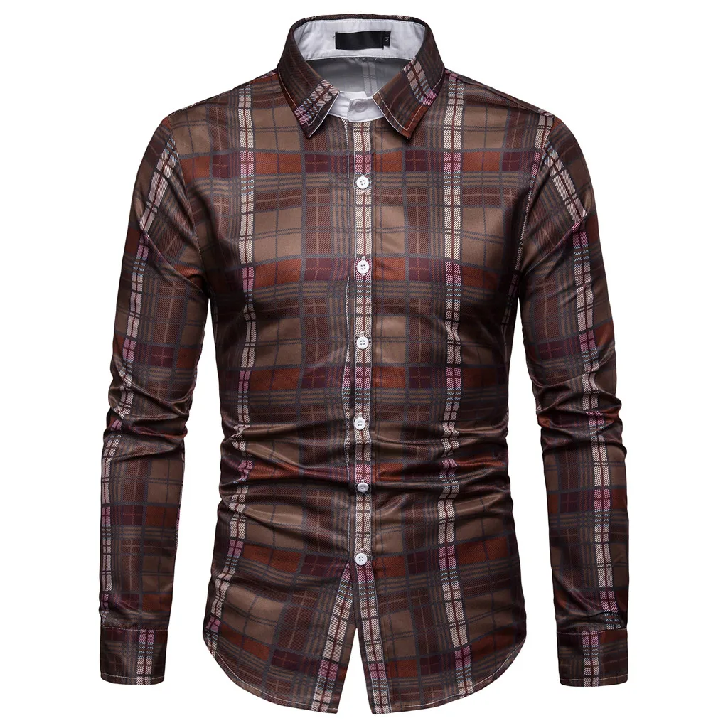 

2019 New Arrival Casual Business Men Dress Shirts Long Sleeve Cotton Stylish High Quality Males Social Shirts Brown 3X