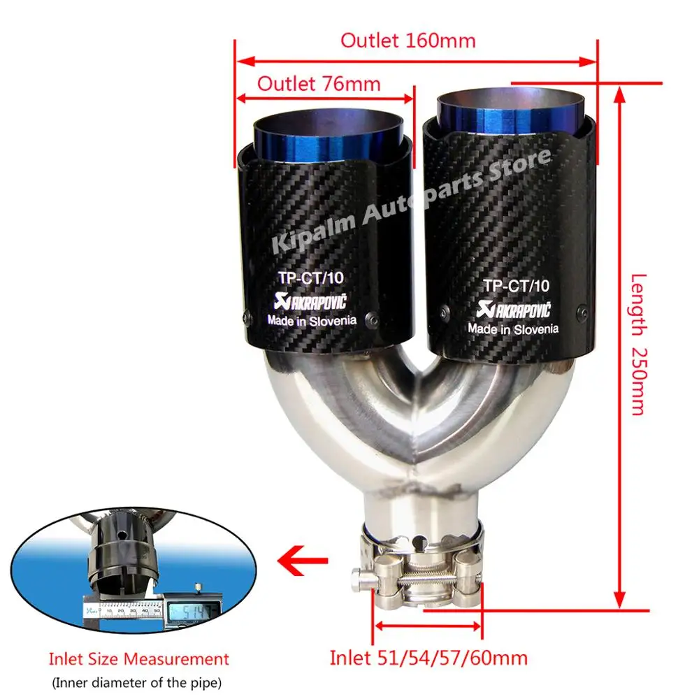 Двойной углеродное волокно+ нержавеющая сталь сгоревший синий Универсальный Авто Akrapovic выхлопной наконечник двойной конец трубы для BMW BENZ VW Golf