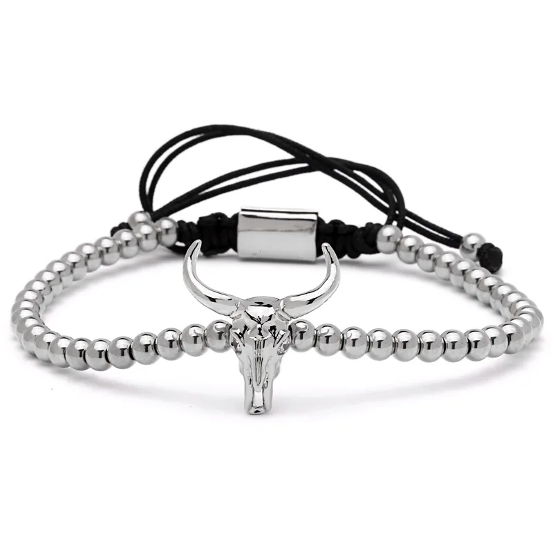Mcllroy Men Fashion Zircon Bracelets Black Silver Cattle Head & 4mm Titanium beads Rope Braiding Macrame Bracelets Bangle