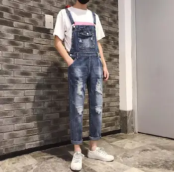 

M-XXL 2018 summer Korean hair stylist loose hole jumpsuits men's hip hop personality suspenders jeans tide