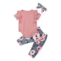2019 однотонный верхний комбинезон для новорожденных девочек, комбинезон с цветочным рисунком, штаны, повязка на голову, 3 предмета, Sunsuit