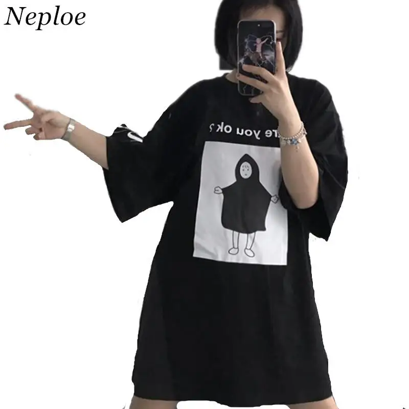 

Neploe T Shirt Harajuku Casual Tshirt Women Cartoon Character Letter Print Tee Tops Fashion Loose Black Shirts 34591