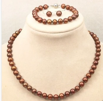 

free shipping $wholesale_jewelry_wig$ Elegant Natural 8mm Coffee Akoya shell Pearl Necklace Bracelet Earrings A Set AAA+++