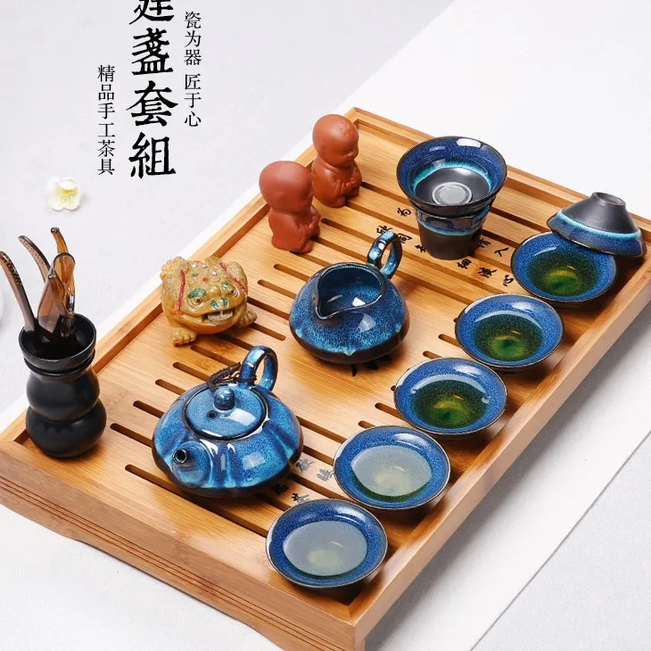 

New Arrival Chinese Tea Set Tea Ceremony Accessories Ceramic Oil drops Blue Amber Glaze Kung Fu tea set Tea Kettle Cup Set