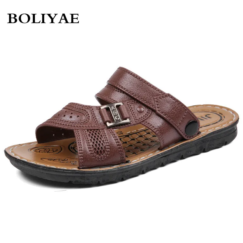 

2019 New Fashion PU Leather Slippers outdoor Men Beach Breathable For Summer Men Causal Shoes Sandals Male Slippers 072
