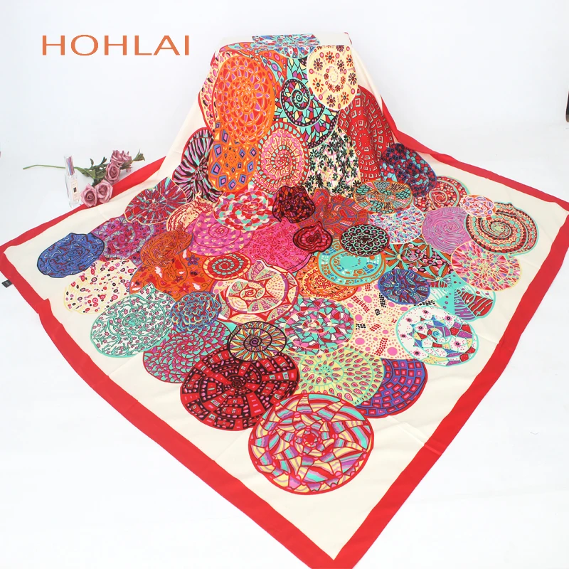 

2018 New Fashion Women Geometric Bandana Silk Scarf Luxury Brand Female High Quality Foulard Silk Wraps Shawls Scarves 130*130cm