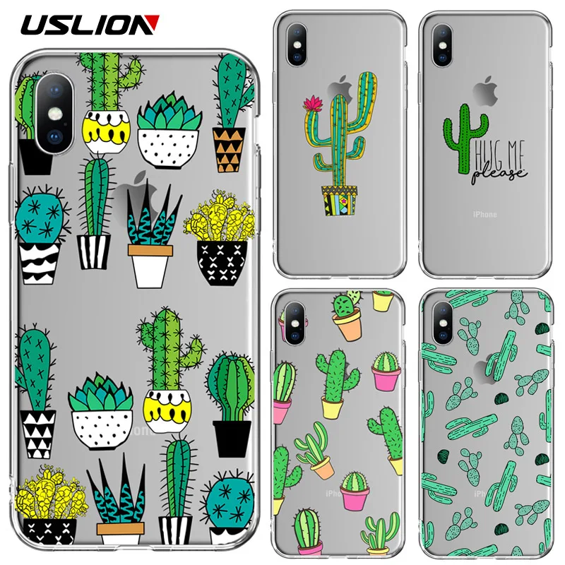 

USLION Transparent Case For iPhone X XR XS Max 6 6S 8 7 Plus 5 5s SE Green Cactus Potted Plant Clear Phone Cases Soft TPU Cover