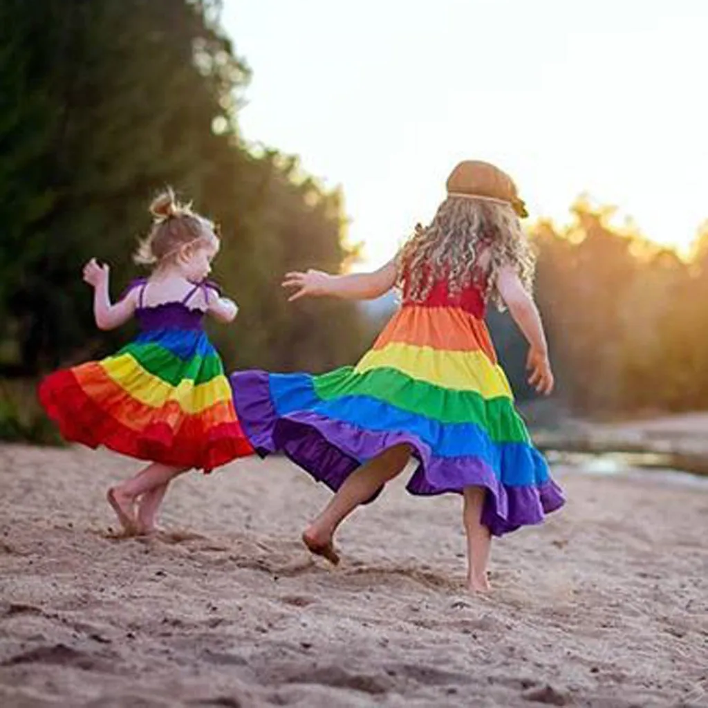 

Toddler Kids Baby Girls Rainbow Striped Patchwork Princess Party Dress Sundress 2019 NEW Drop Shipping