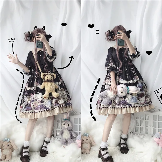 

Free Real Full Shipping 2019 New Originally Designed Lolita Rabbit And Alice Op Doll Collar Fine Printed Long Sleeve Dresses In