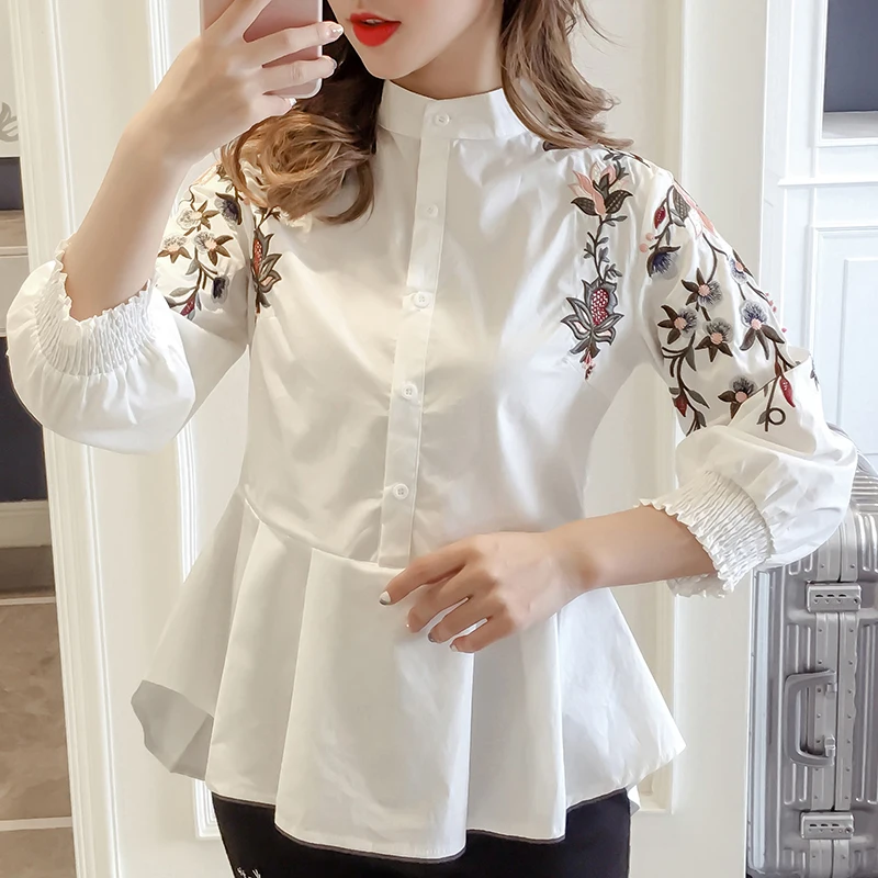 

New Arrival Embroidery 3/4 Sleeve Tops Women Cotton Casual Shirt Plus Size Summer Embroided Shirts Stand Collar Fashion Blouse