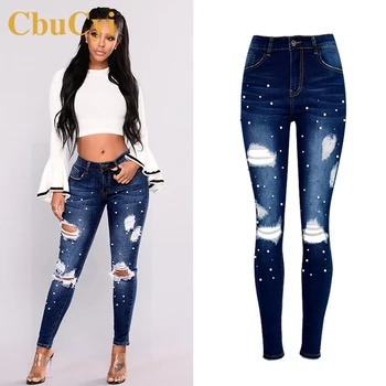 

CbuCyi Women's Clothing Denim Pants High Waist Hole Bleached Pearls Slim Stretch Jeans Trousers Ladies Casual Skinny Sexy Pants